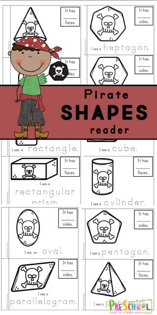 Make your own pirate printables 2D and 3D Shape Reader to help toddler, preschool, pre-k, kindergarten, and first graders learn about shapes. This shape printable is a great way to work on reading skills while learning about shapes for kids including circle, cone, crescent, cube cylinder, decagon, heart, heptagon, hexagon, nonagon, octagon, oval, parallelogram, pentagon, pyramid, rectangle, rectangular prism, rhombus, sphere, square, star, trapezoid, triangle, triangular prism. In this pirate worksheet you will color the shape, trace the shape name, and write down how many sides your shape has.