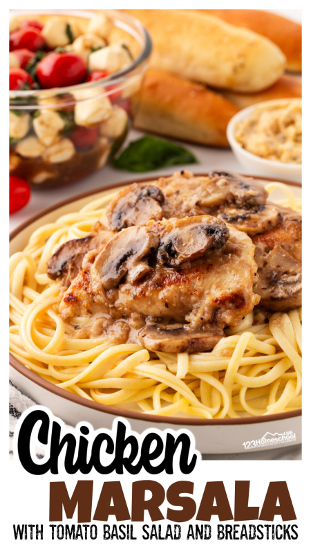In the mood for Italian comfort food? Serve this Chicken Marsala recipe for a delightful meal from Italy. I serve the chicken marsala recipe easy over pasta and with a tomato basil salad and homemade breadsticks on the side. Ready to make this mouthwatering chicken recipe? Andiamo!