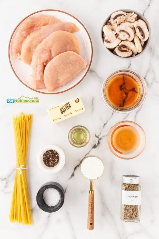 All you need to whip up this yummy marsala chicken are a few simple ingredients;

all purpose flour
salt
pepper
dried oregano
chicken breasts
olive oil
butter
mushrooms
Marsala wine
sherry
pasta (like linguini to serve over)