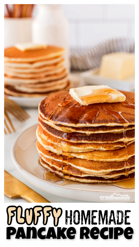 Looking to make easy homemade pancakes? You will love our best pacake recipe! It is a great basic recipe that makes perfect, fluffy pancakes every time! Whether you serve them with maple syrup, blueberry syrup, M&Ms for birthdays, or holiday themed at Christmas time - this go-to pancakes from scratch recipe is what you've been looking for!