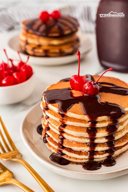 Above are Sundae pancakes! Serve pancakes for dinner and top them with your favorite ice cream toppings like chocolate syrup, caramel syrup, whipped cream, marchiano cherries, and even a scoop of ice cream!