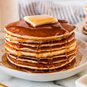 Try our easy homemade pancake recipe for perfect, fluffy pancakes every time! Serve them with maple syrup, fresh fruit, or as M&M pancakes!