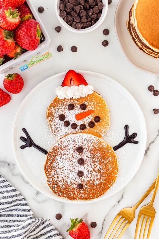 In January, I love turning pancakes into fun snowman creations! Sometimes I whip them up for the kids, and other times I let them unleash their creativity with toppings to make their own unique designs. I use whatever ingredients I have on hand—often, I use sausage links for the arms! It’s a delightful way to celebrate the winter season together!
