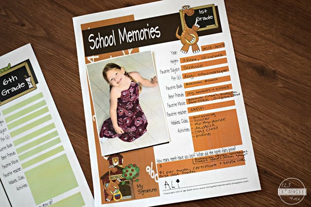 school memory sheets