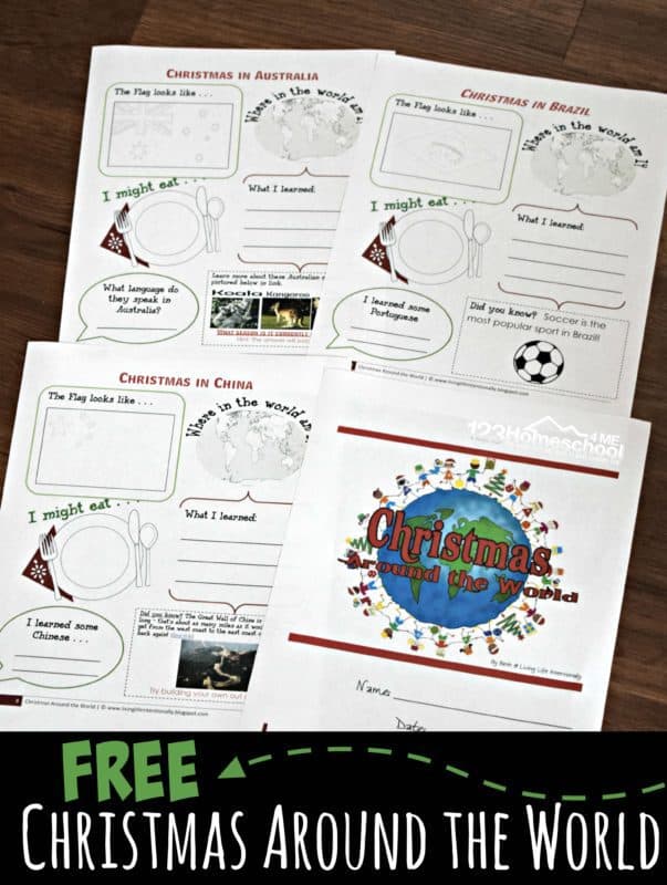 FREE Christmas Around the World Activities for Kids - kids will have fun exploring over 30 countries while they learn about other countries holiday traditions, language, flag, geography, interesting facts and more. Includes Christmas crafts, recipes, FREE Christmas Around the World worksheets and more! #christmasaroundtheworld #christmasworksheets #free