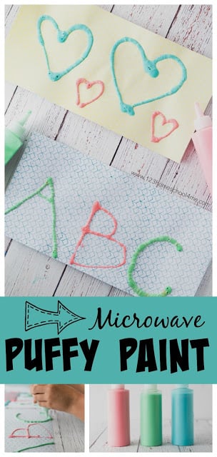 Homemade Puffy Paint recipe with just a couple simple ingredients you have in your cabinets and the microwave for this fun-to-make crafts for kids. We use it to practice letter recognition, make pictures, etc. Preschool, preschoolers, kindergarten Homemade Puffy Paint recipe with just a couple simple ingredients you have in your cabinets and the microwave for this fun-to-make crafts for kids. We use it to practice letter recognition, make pictures, etc. Preschool, preschoolers, kindergarten