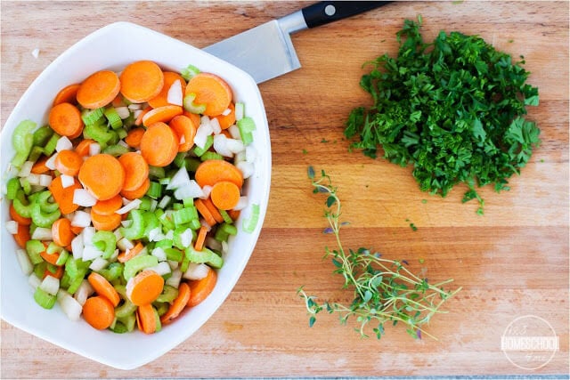 chop onion, celery, carrots, and garlic chop onion, celery, carrots, and garlic