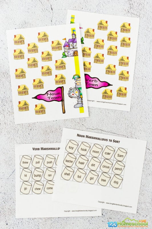 marshmallow incident noun and verb sorting games printable