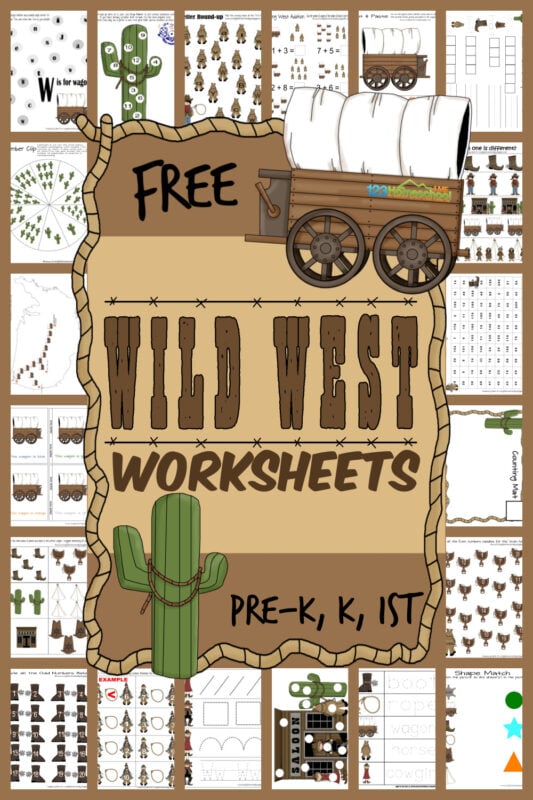 cute wild west worksheets are a fun way to sneak in some math and literacy skills! Use these wild west printables to teach toddler, preschool, pre-k, kindergarten, and first grade students. The cute cowboy, cactust,horse, covered wagon, boots with spur, cowboy hat, and more on the free printable kindergarten worksheets will make children eager learners! Simply download pdf file with free preschool pages and you are ready to leran with fun themed worksheets.