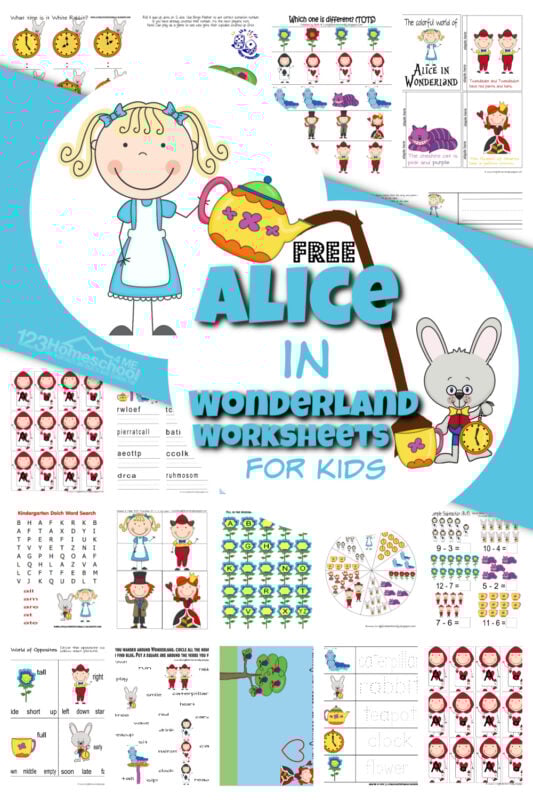 Children will love practicing numbers, letters, rhyming and more with these alice in wonderland worksheets. These alice in wonderland printable activity sheets are filled with counting, writing numbers, alphabet tracing, pre-writing practice, and more! Use these alice in wonderland activity sheets with toddler, preschool, pre-k, kindergarten, first grade, and 2nd graders to make learning fun with cute disney worksheets for kids! Simply print pdf file with alice in wonderland printables and you are ready to play and learn with these alice in wonderland activities.