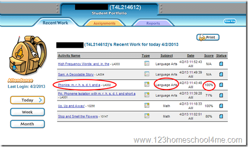 Time4Learning student enrichment work completed and quiz score report Time4Learning student enrichment work completed and quiz score report