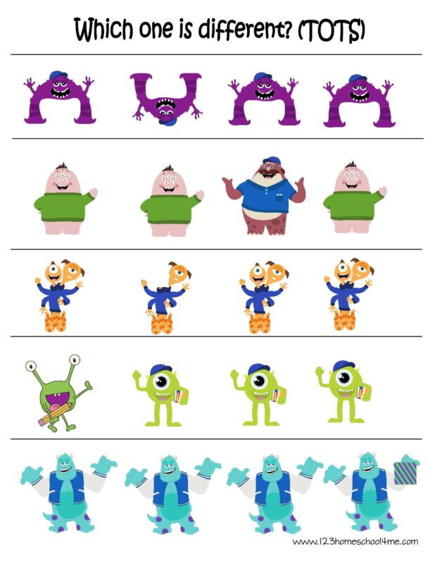monsters universtiy worksheets which one is different
