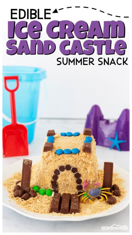 Kids will love eating this summer snack that looks like a sandcastle, but tastes like a yummy ice cream novelty. This sandcastle activity for kids is a quick and easy summer snack for kids! You will used a clean sandcastle mold, ice cream, vanilla wafers, and assorted candy to decorate. This is an EPIC beach activity your kids will be talking about for years to come. So add this fun idea to your bucket list to make (and eat) this summer activity for kids!