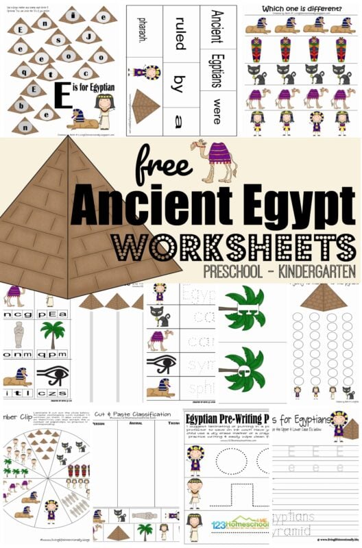 Kids will have a blast practicing their alphabet letters, numbers, math and more with fun Ancient Egypt Worksheets. These ancient egypt free printables are great for toddler, preschool, pre-k, kindergarten, and first grade students to get a taste for a fascinating time filled with amazing pyramids, sphynx, mummies, pharoahs, vast deserts, and more. Simply print ancient egypt printable worksheets pdf file with and you are ready to have fun learning about ancient egypt for kids!