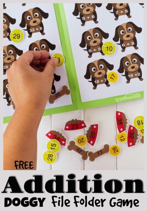 dog addition printable game using a file folder