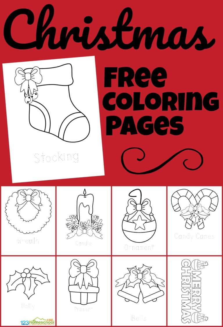 Celebrate the holiday season this December with these super cute, free Christmas coloring pages. These simple Christmas coloring sheets are a fun, no-prep Christmas worksheet for toddler, preschool, pre-k, kindergarten, and first grade students. Kids can color the ornament, holly, wreath, stocking, candle, candy canes, present, bells, Christmas tree, and Merry Christmas greeting for a fun Christmas Activity. 