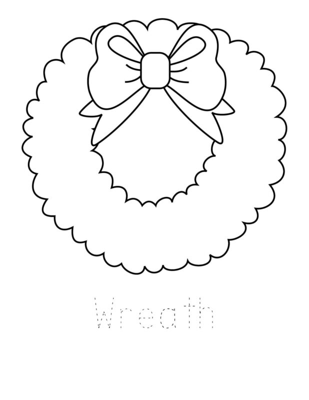 simple wreath coloring page for toddlers, preschoolers, and kindergartners to colour in December