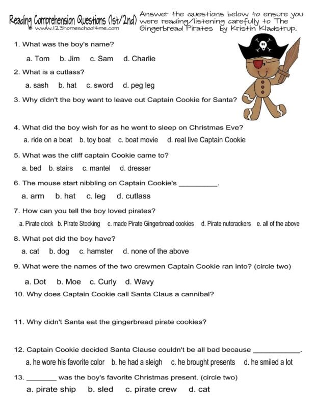 Gingerbead Pirates reading comprehension worskheets