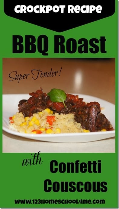 Super tender and flavorful BBQ roast recipe that is easy to make in the crockpot. This is a the BEST crockpot recipes we like to serve with this yummy Confetti Couscous recipe. This is a family favorite dinner recipe eveyrone will love - so YUMMY! crockpot-meals
