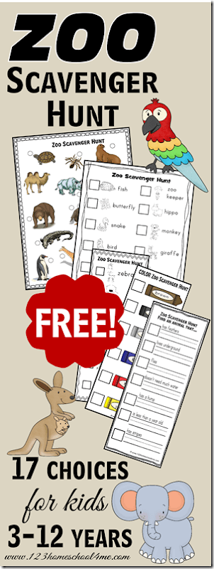 FREE Zoo Scavenger Hunt Sheets - 17 choices for Toddler, Preschool, Kindergarten, and Homeschool Elementary Kids. Perfect for fieldtrips!