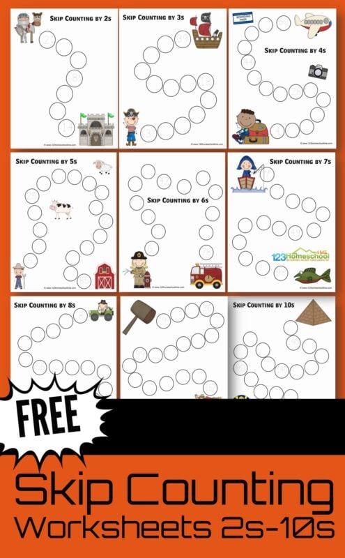FREE Skip Counting Printables - these worksheets help kids practice counting by 2s, 3s, 4s, 5s, 6s, 7s, 8s, 9s, and 10s. There are 10 worksheets each that get increasingly harder #skipcounting #mathworksheets