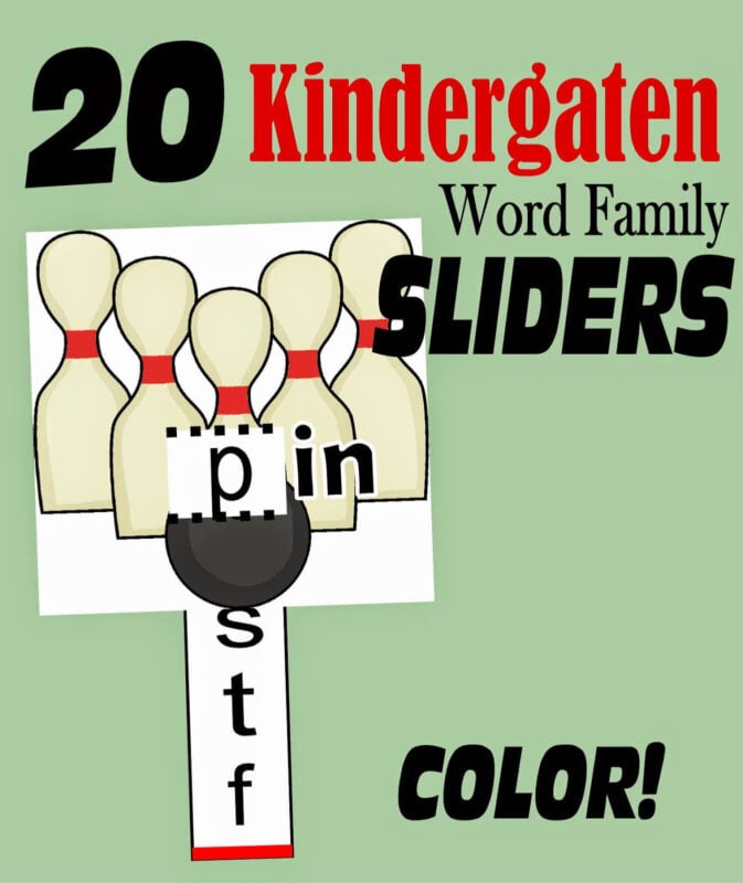 My Kindergartners always love the word family sliders we make together. This hands-on word family craft helps them continue to work on fine motor skills (important for strengthening hands to write letters), and gain confidence reading kindergarten word families. There are over 20 word family sliders free included in these word family slides printables including ug, ig, eep, ip, un, en, at, ot, ank, ill, ar, an, ish, ite, ail, ox, ed, op, ate, and oon. You can print them in black and white and allow students to color the slider to decorate, or print them in color on cardstock for a reusable way for grade 1 and kindegarteners to practice reading word families.

