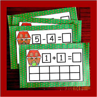 Fun, hands-on Christmas Math activity for kindergarnters using holiday ten frames task cards and gum drops with addition and subtraction.