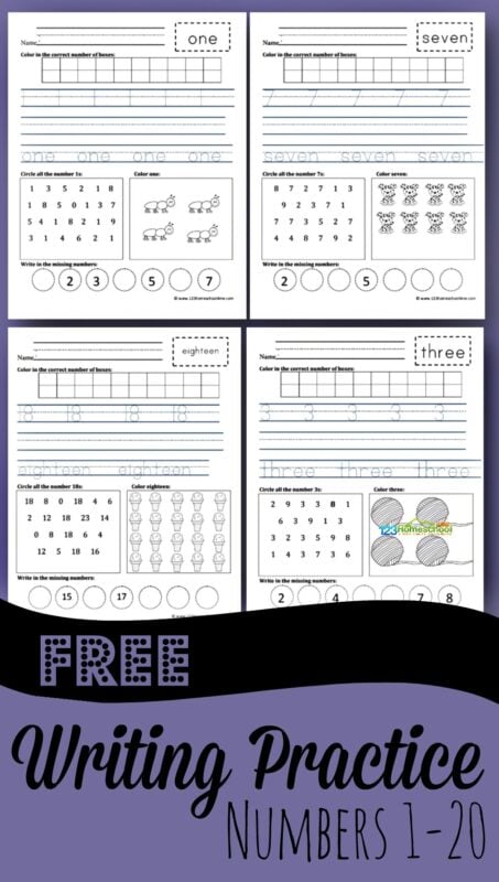 Give your students the number writing practice they need to writing numbers 1-20 with these free printable number writing practice 1-20. This practice writing numbers activity is perfect for preschool, pre-k, kindergarten, and first grader students. Simply print the pdf file with the writing numbers worksheet 1-20 and you are ready to practice.