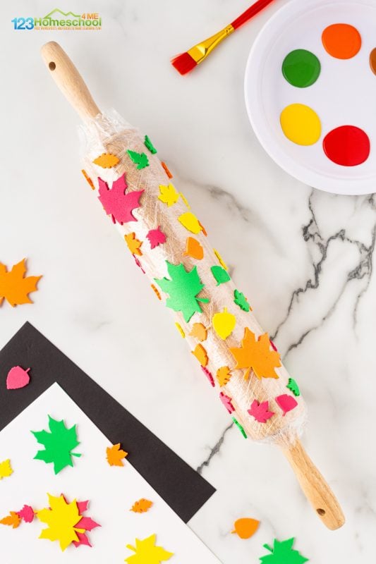 leaf printing for kids Get ready for some creative fun! Start by wrapping a rolling pin in plastic wrap and sticking on some foam leaf stickers. This engaging print painting activity is sure to thrill kids—after all, what kid wouldn't love the chance to use a rolling pin?