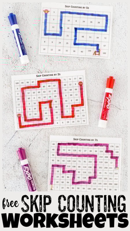 Practice skip counting for kids with these handy, FUN skip counting mazes. These skip counting worksheets are a great way to work on fluency as children learn to count by 2, count by 3, count by 4, count by 5, count by 6, count by 7, count by 8, count by 9, and count by 10. Pick the skip counting maze that works best for your kindergarten, first grade, 2nd grade, 3rd grade, 4th grade, 5th grade, and 6th grader.  Simply print the skip counting worksheets pdf and get ready to have fun with skip counting practice.