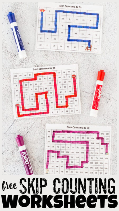 Practice skip counting for kids with these handy, FUN skip counting mazes. These skip counting worksheets are a great way to work on fluency as children learn to count by 2, count by 3, count by 4, count by 5, count by 6, count by 7, count by 8, count by 9, and count by 10. Pick the skip counting maze that works best for your kindergarten, first grade, 2nd grade, 3rd grade, 4th grade, 5th grade, and 6th grader.  Simply print the skip counting worksheets pdf and get ready to have fun with skip counting practice.