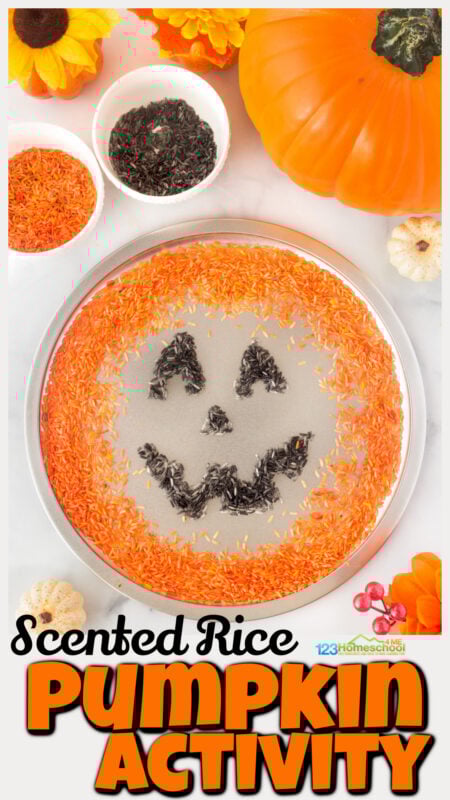 Children will have fun creating a jack-o-lantern this October with this rice sensory play. We are always looking for pumpkin activities that are fun, engaging, and sneak in some learning. This pumpkin sensory bin is great for sensory play, tactile activity, strengthening fine motor skills and pincer grasp, and more. You can use this pumpkin activity for toddlers, preschoolers, kindergartners, and grade 1 students to create a happy pumpkin as halloween activities and even trace spelling words or cvc words in it too.