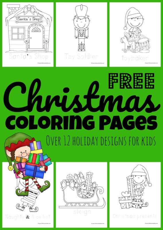 Celebrate the holiday seasons with these super cute, free printable Christmas Coloring Pages. This pack of free Christmas coloring sheets are all about Santa Clause and his helpers the Elves, Soldiers, toys, and Santa's workshop. Toddler, preschool, pre-k, kindergarten, and first grade children will have fun strengthening fine motor skills as they decorate and colour these simple coloring pages in December.  Simply download the Christmas Coloring Pages PDF and you are ready for fun!
