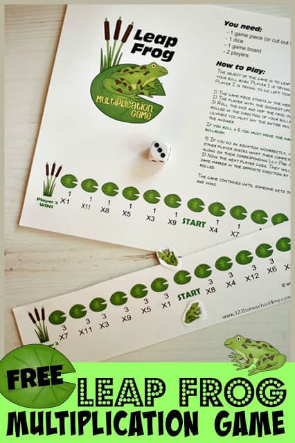 Kids will have fun practicing math with leapfrog multiplication. This frog multiplication game is a NO PREP, free printable math game for one to 2 players. Children in 2nd grade, 3rd grade, 4th grade, and 5th grade will have fun improving fluency as they hop their frog over the lily pads towards the reeds in this printable multiplication game.  This multiplication printable is a fun way to gain fluency with multiplication facts from 1s-12s. Simply print pdf file with multiplication board game printable and you are ready to play and learn with a cute multiplication facts games!