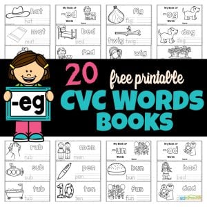We've got 20 FREE printable CVC Words books to help Kindergarten students improve reading with rhyming & word families trace, color, and read!