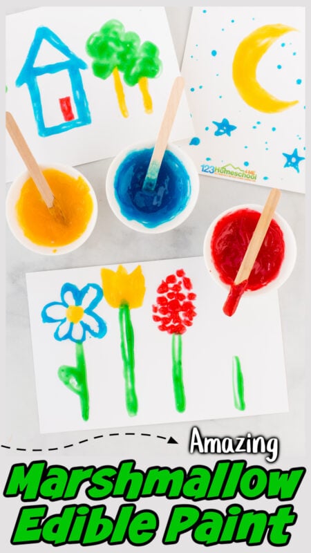 Here is a really fun, unique edible paint recipe that will become a favorite at your house. Not only is this marshmallow paint completely edible, but it has a great texture and sheen for your kids projects too. Whether you choose to use it as edible cookie paint or to paint a picture, this edible paint for kids is quick, easy, and FUN! Try this painting with marshmallows activity with toddler, preschool, pre-k, kindergarten, first graders, and up!