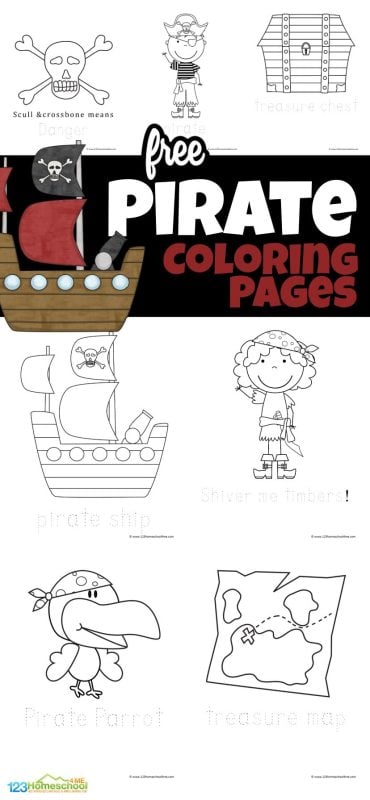 Ahoy, adventurers! Are you in search of some exciting pirate coloring pages? Look no further! Our collection of free printable pirate coloring sheets is perfect for toddlers, preschoolers,  and kindergarteners. These fun coloring pages are a fantastic way to strengthen little hands while enhancing your pirate activities. They’re perfect for celebrating Talk Like a Pirate Day on September 19th or simply bringing a little joy to your day. Download your favorites now, including a pirate ship, pirates, a treasure map, a parrot, a treasure chest, and much more. Set sail on a colorful adventure today!