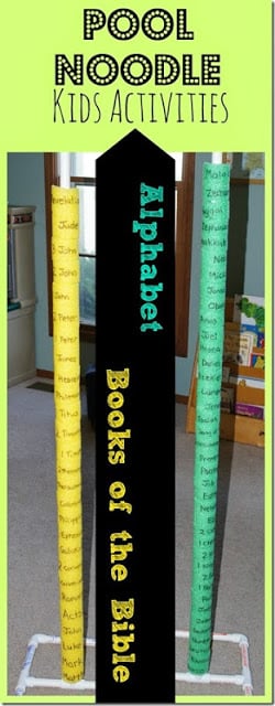 Pool Noodle Kids Activities - Help kids learn the alphabet or Books of the Bible with this fun, hands on idea using pool noodles! Preschool-3rd grade pool-noodle-kids-activities