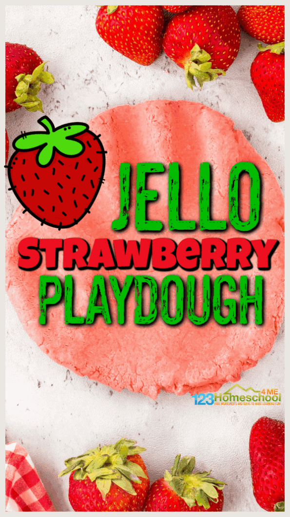 Enjoy the sweet smell of summer strawberries with this scented playdough recipe no cook! This no cook playdough recipe takes 5 minutes to make and provides hours and hours of fun sensory play. Toddler, preschool, pre-k, kindergarten, first grade, and 2nd graders will love that is strawberry playdough is pretty red, smells like strawberries, and is fun to play with. This Jello playdough recipe is great for quick summer activities for preschoolers that also help strengthen hand muscles.