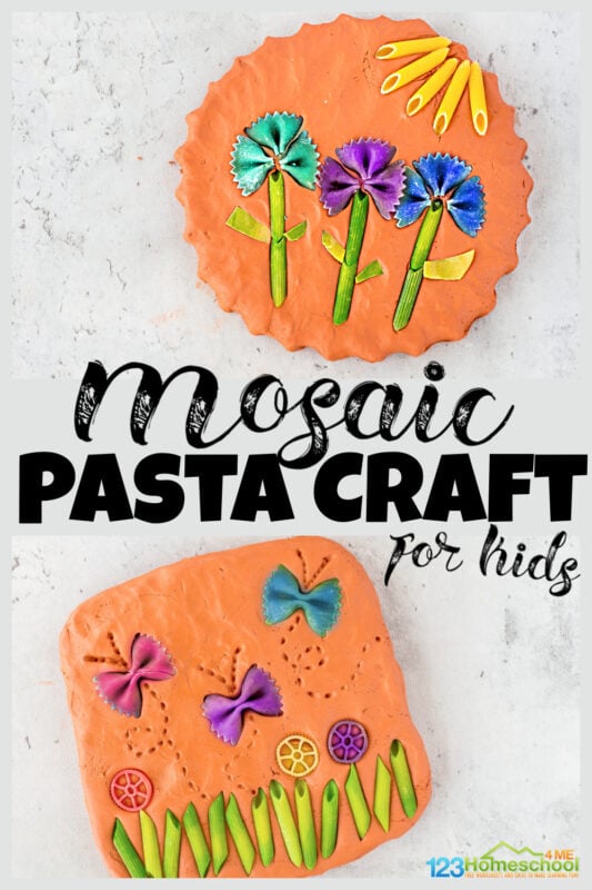 Looking for fun pasta crafts to make with leftover dyed pasta? This super pretty mosaic pasta project allows kids to create beautiful pasta pictures by pressing different colored noodles into clay. This pasta art is such a fun, engaging craft for kids of all ages from toddler, preschool, pre-k, kindergarten, first grade, 2nd grade, and 3rd graders too.