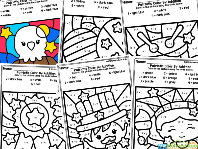 Looking for a fun way to celebrate patriotic holidays with your little ones? Check out these FREE Patriotic color by number worksheets that will have your kids practicing addition while having a blast! Whether it&rsquo;s for the 4th of July, Memorial Day, Presidents Day, or just a fun math activity, these worksheets are perfect for preschoolers and Kindergartners. Download and print them now for some red, white, and blue learning fun!