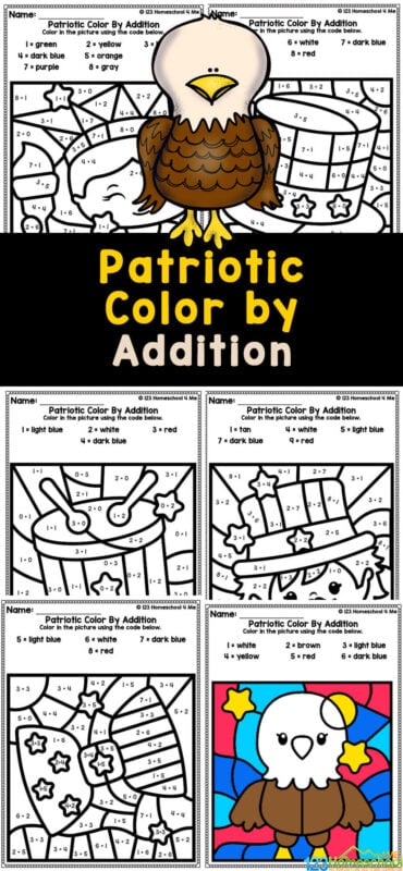 Here is a really fun Patriotic color by Number activity for kids to practice addition. Use these free printables as fourth of July worksheets to celebrate the 4th of July, Memorial Day math worksheets, or Presidents Day math, and more. These color by addition worksheets are an engaging fun way to sneak in some learning with pre-k and Kindergarten students.