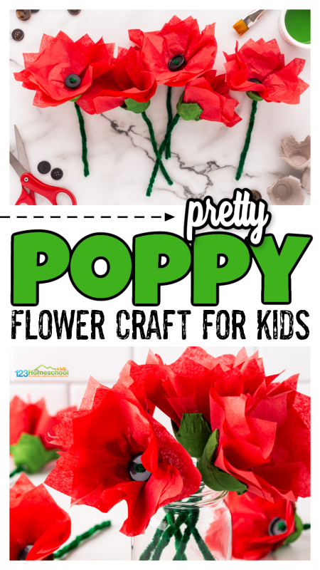 Are you looking for a pretty summer flower craft? You will love these stunning poppy crafts! This poppy making idea uses tissue paper and egg carton to make an easy arts and crafts project. Whethere you want to use this poppies craft to celebrate summer, World War 1 Rememberence Day in November, or just becaues - this is such a fun project for kids of all ages!