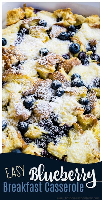 EASY Blueberry Breakfast Casserole - this is super easy and oh so yummy! It is easily made ahead and refrigerated up to 5 days before cooking. This breakfast recipe tastes like summer - blueberries and cream. My family calls it my Blueberry French Toast Casserole. It is a much requested recipe. Yummy! easy-blueberry-breakfast-casserole