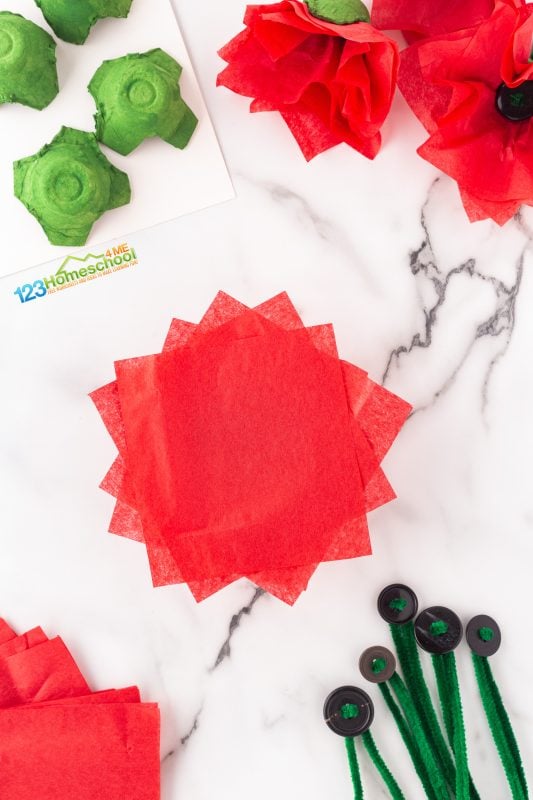 Start by cutting red tissue paper into squares measuring approximately 6 inches. 
red tissue paper
egg carton,
small buttons ( any color )
green chenille stems / pipe cleaners
paint and paintbrush
scissors