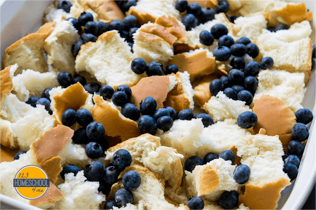 tear apart french bread and toss into buttered casserole dish. Toss together with pint of blueberries tear apart french bread and toss into buttered casserole dish. Toss together with pint of blueberries