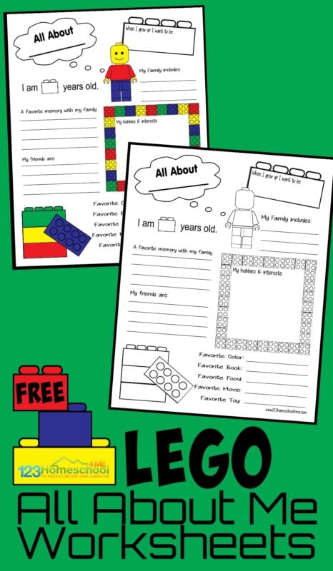 With school just around the corner I thought it would be fun to share a fun all about me worksheet with a cute Lego theme for you to use as a first day of school activity. This cute back to school worksheet gives prompts for pre-k, kindergarten, first grade, 2nd grade, 3rd grade, and 4th graders to remember their interests. This about me worksheet is available in color or black & white and is perfect for school memory books! Simply print all about me worksheet pdf and you are ready for back to school activity.