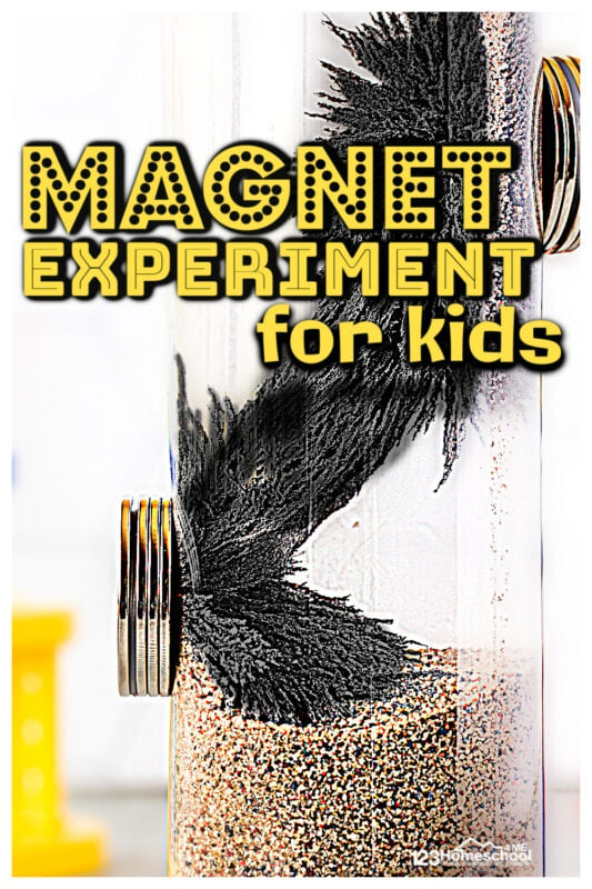 Looking for quick and easy magnet experiments for kids? This magnetic field sensory bottle allows toddler, preschool, pre-k, kindergarten, first grade, 2nd grade, 3rd grade, and 4th graders to explore magnets for kids in a playful way. Kids will be amazed at the power of magnets in this magnet game for kids. This is such a fun science activity for children to explore magnet science experimensts. 