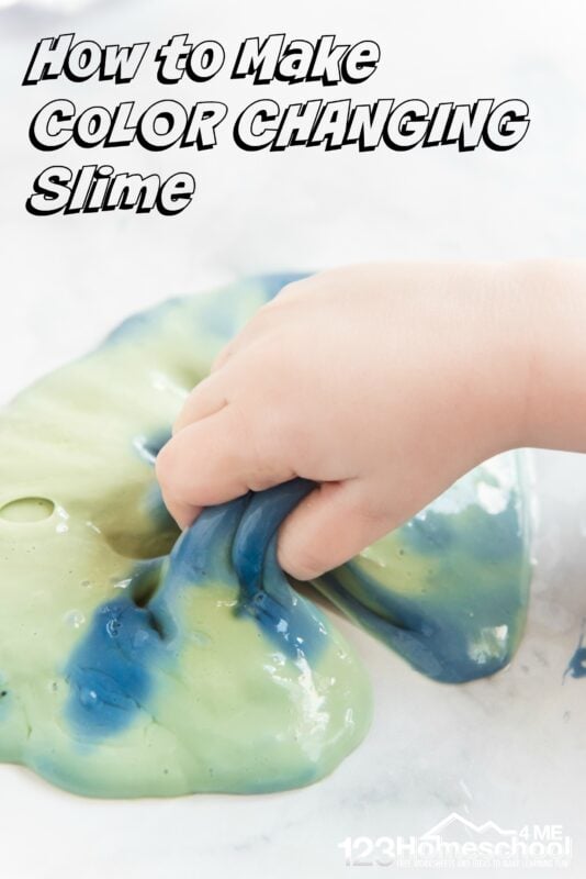 This amazing color changing slime is going to blow your mind! The easy-to-make heat sensitive slime will actually change color as your kids touch it because of the thermochromatic pigment you can easily buy on Amazon! This fun color changing slime recipe is a great science activity for preschool, pre-k, kindergarten, first grade, 2nd grade, 3rd grade, 4th grade, and up toexplore by playing. Let me show you how to make color changing slime with our thermochromic slime recipe that only takes 5 minutes! This is the best homemade slime recipe!