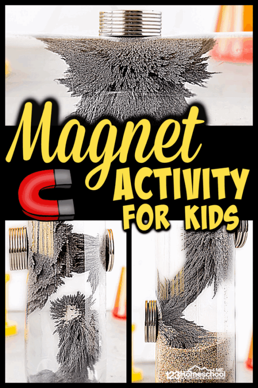 Looking for quick and easy magnet experiments for kids? This magnetic field sensory bottle allows toddler, preschool, pre-k, kindergarten, first grade, 2nd grade, 3rd grade, and 4th graders to explore magnets for kids in a playful way. Kids will be amazed at the power of magnets in this magnet game for kids. This is such a fun science activity for children to explore magnet science experimensts. 